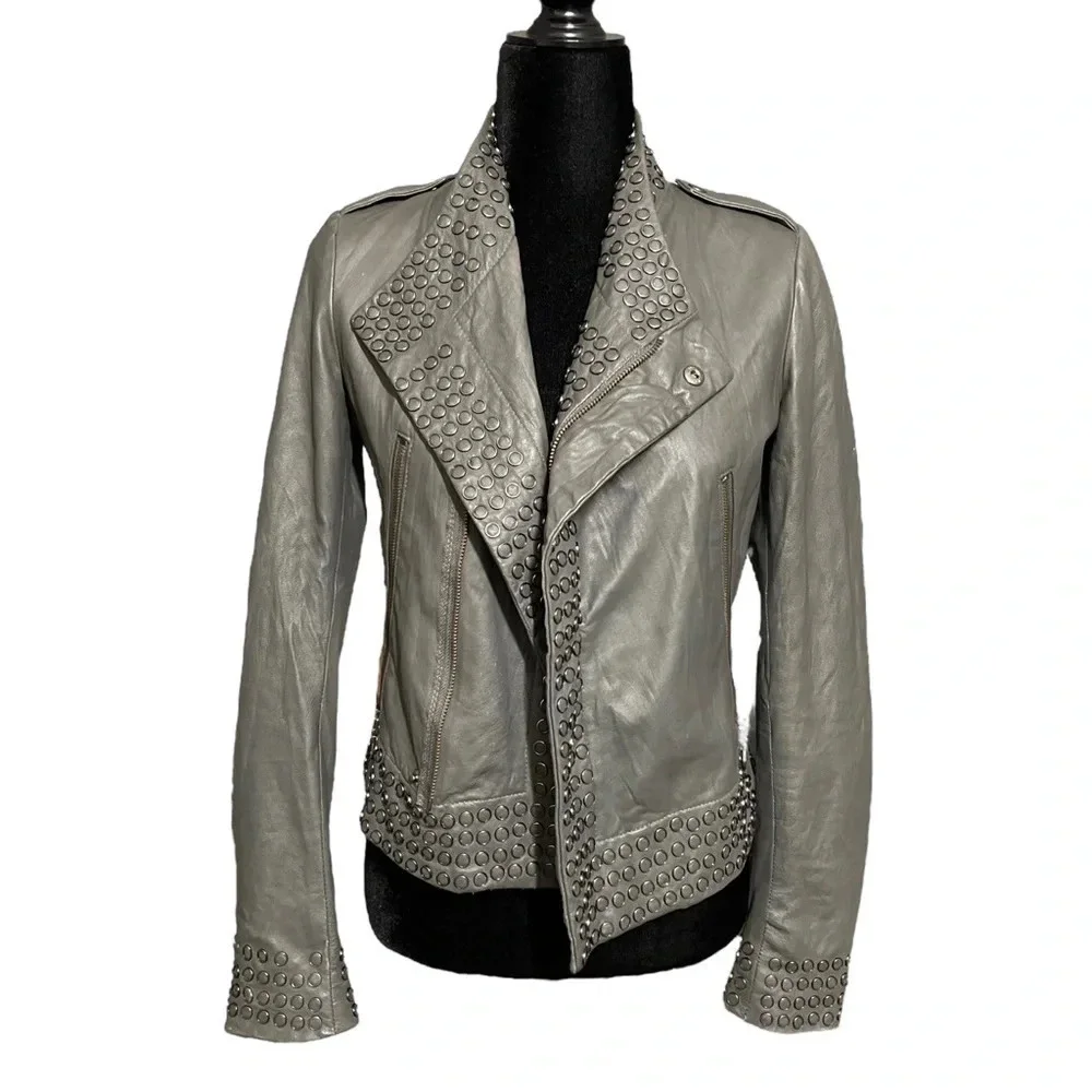 KENNA-T Women’s Biker Moto Jacket Gray Soft Leather Ring Accent Studded Size XS